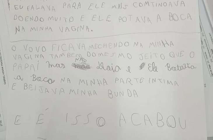Em carta, criança de 9 anos relata ter sido estuprada pelo pai e avô