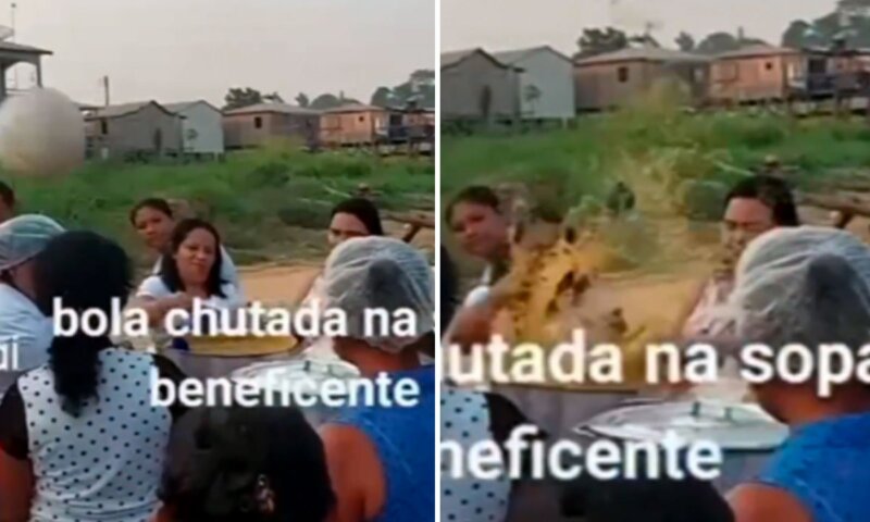 (VÍDEO) Bola cai no meio da sopa beneficente e cena viraliza nas redes sociais