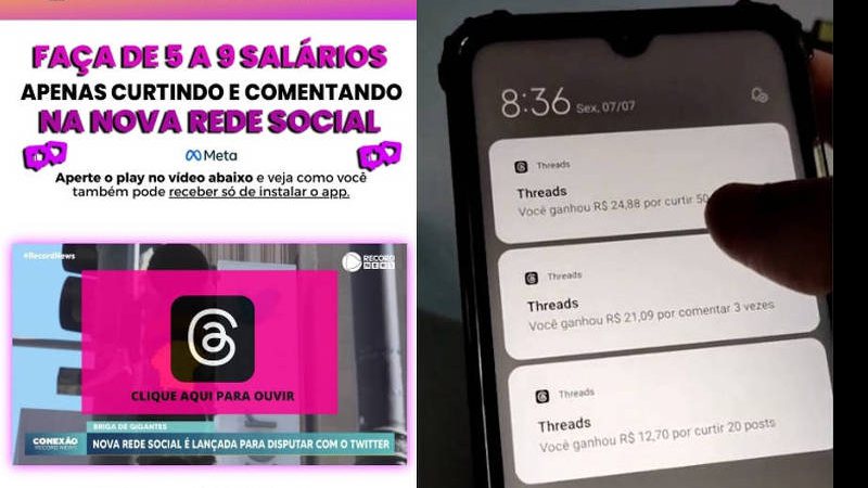 Golpistas prometem dinheiro por cliques no Threads para quem baixar app de R$ 147