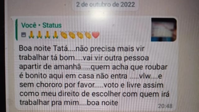 Diarista demitida por opinião política diferente do ‘Patrão’ recebe indenização de R$ 14 mil