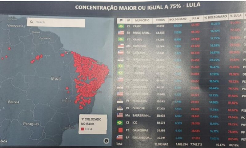 Mapa com concentração de eleitores de Lula foi utilizado em reunião sobre blitzes da PRF