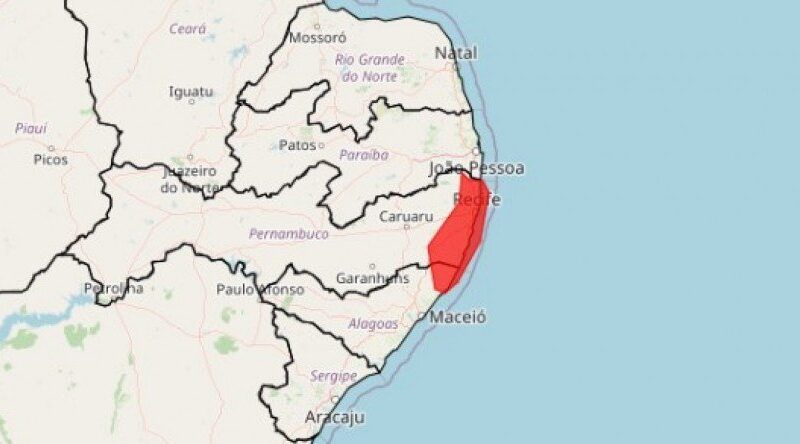 INMET emite alerta vermelho de grande perigo de chuvas intensas em Pernambuco e Alagoas
