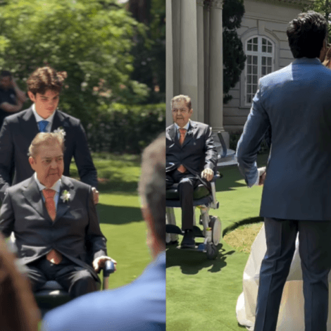 De cadeira de rodas, Faustão leva a filha até o altar, na residência da família em SP