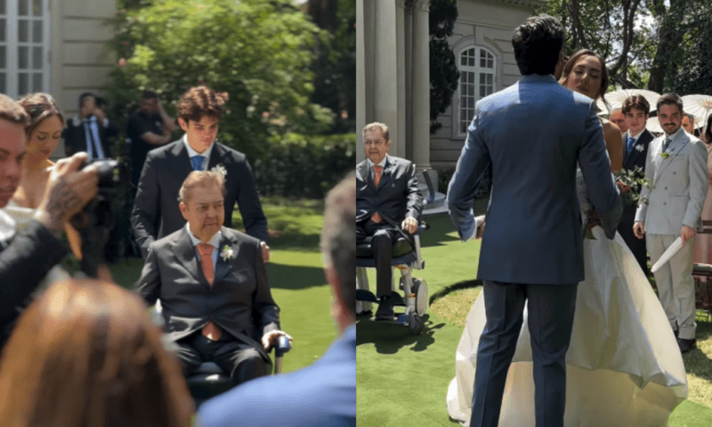 De cadeira de rodas, Faustão leva a filha até o altar, na residência da família em SP