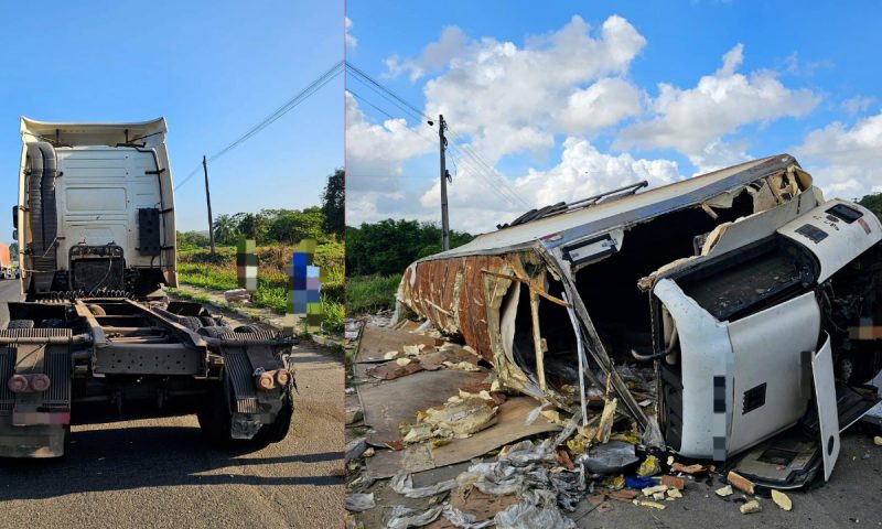 Grave Acidente: Caminhão com frango tomba na BR-101 em Ribeirão e mata três motoqueiros; carga foi saqueada por populares