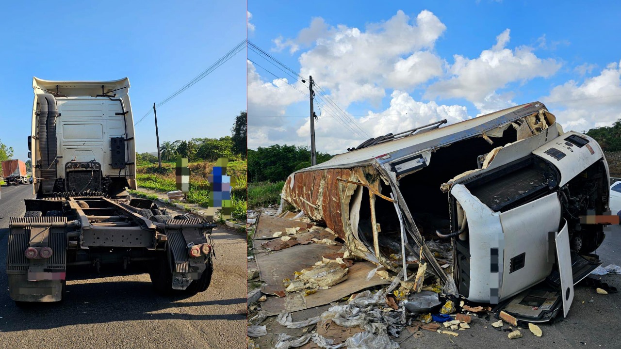 Grave Acidente: Caminhão com frango tomba na BR-101 em Ribeirão e mata três motoqueiros; carga foi saqueada por populares