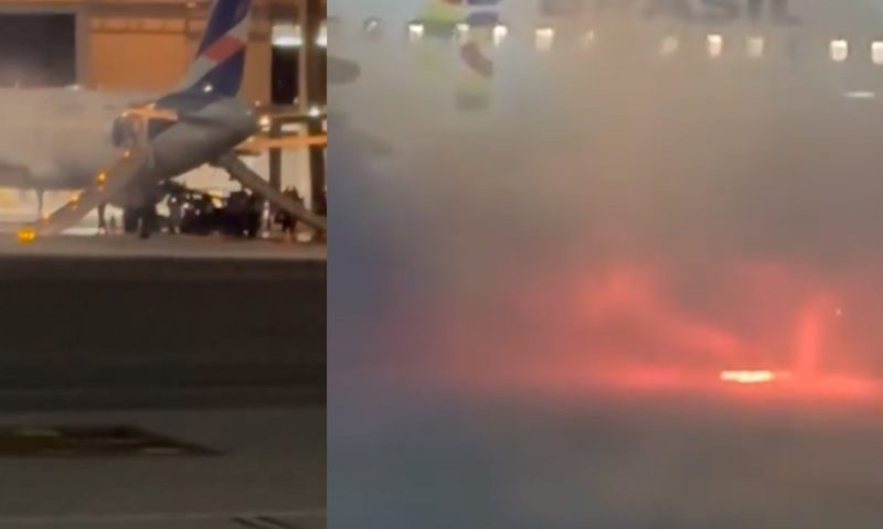 Passageiros são retirados de avião após incêndio em equipamento no Aeroporto de Guarulhos,SP