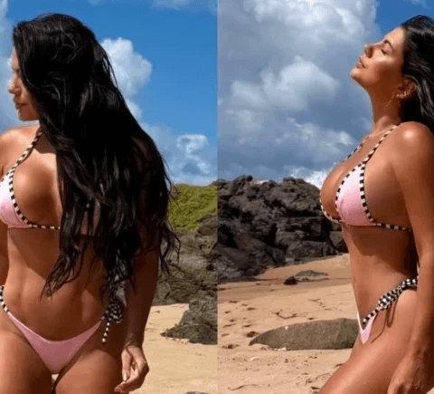 Ex-BBB Fernanda Bande exibe corpão e abdômen trincado em praia