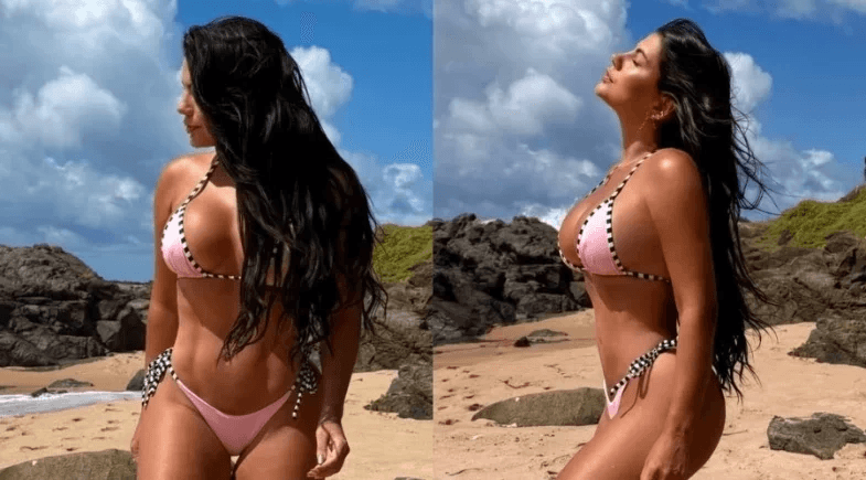Ex-BBB Fernanda Bande exibe corpão e abdômen trincado em praia