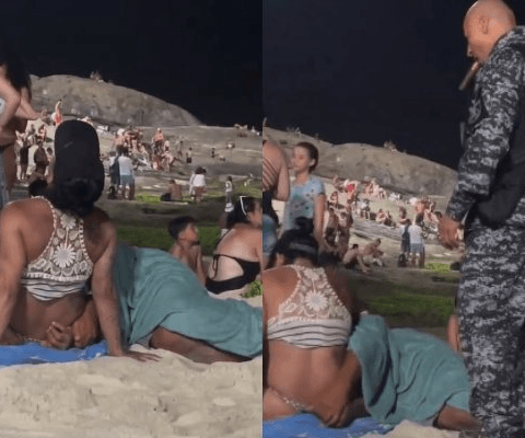 Casal é flagradofazendo sexo em praia famosa por orgias e é interrompido por policiais; veja vídeo