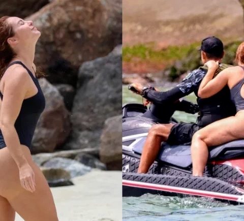 Paolla Oliveira exibe corpão e anda de jetski durante gravação de série