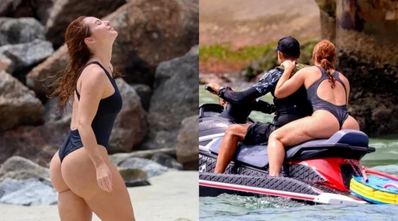 Paolla Oliveira exibe corpão e anda de jetski durante gravação de série
