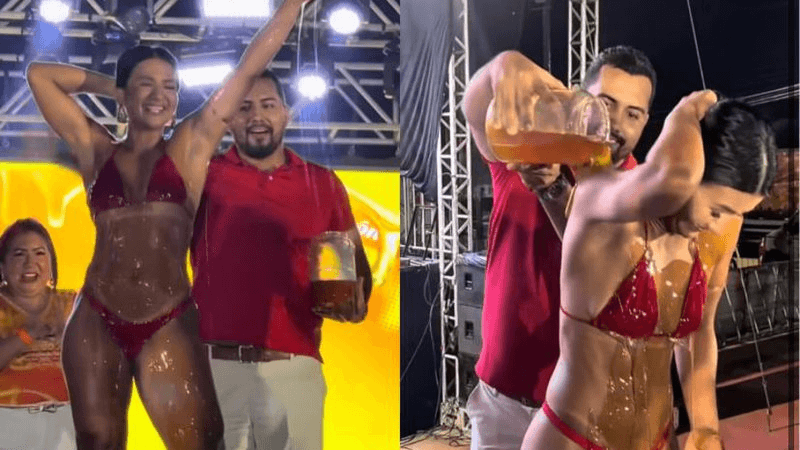 VÍDEO: Prefeito dá banho de mel em mulher de biquíni em cima do palco